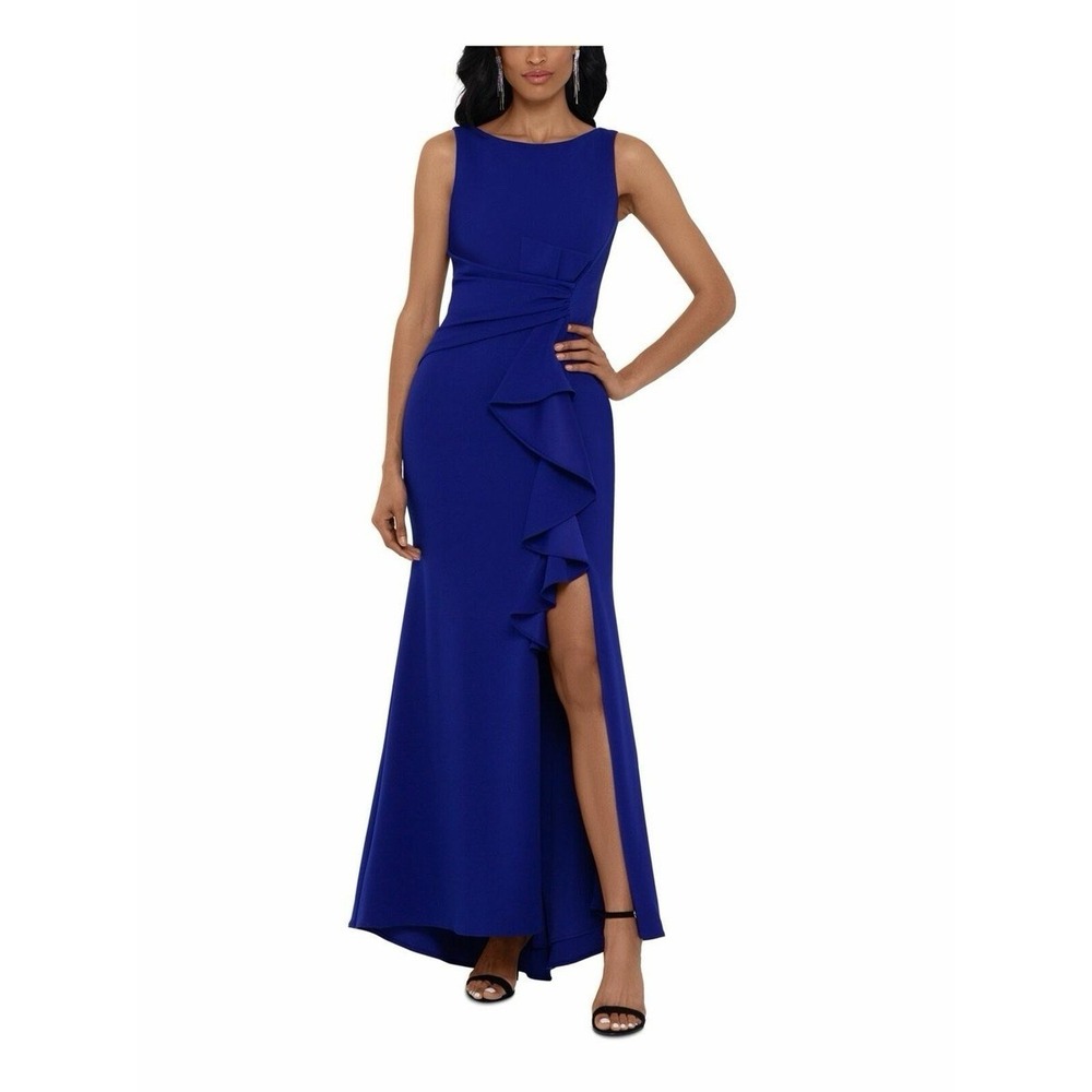 NWT BETSY & ADAM Womens Cobalt‎ Blue Ruffled Slit Sleeveless Boat Neck Gown 10